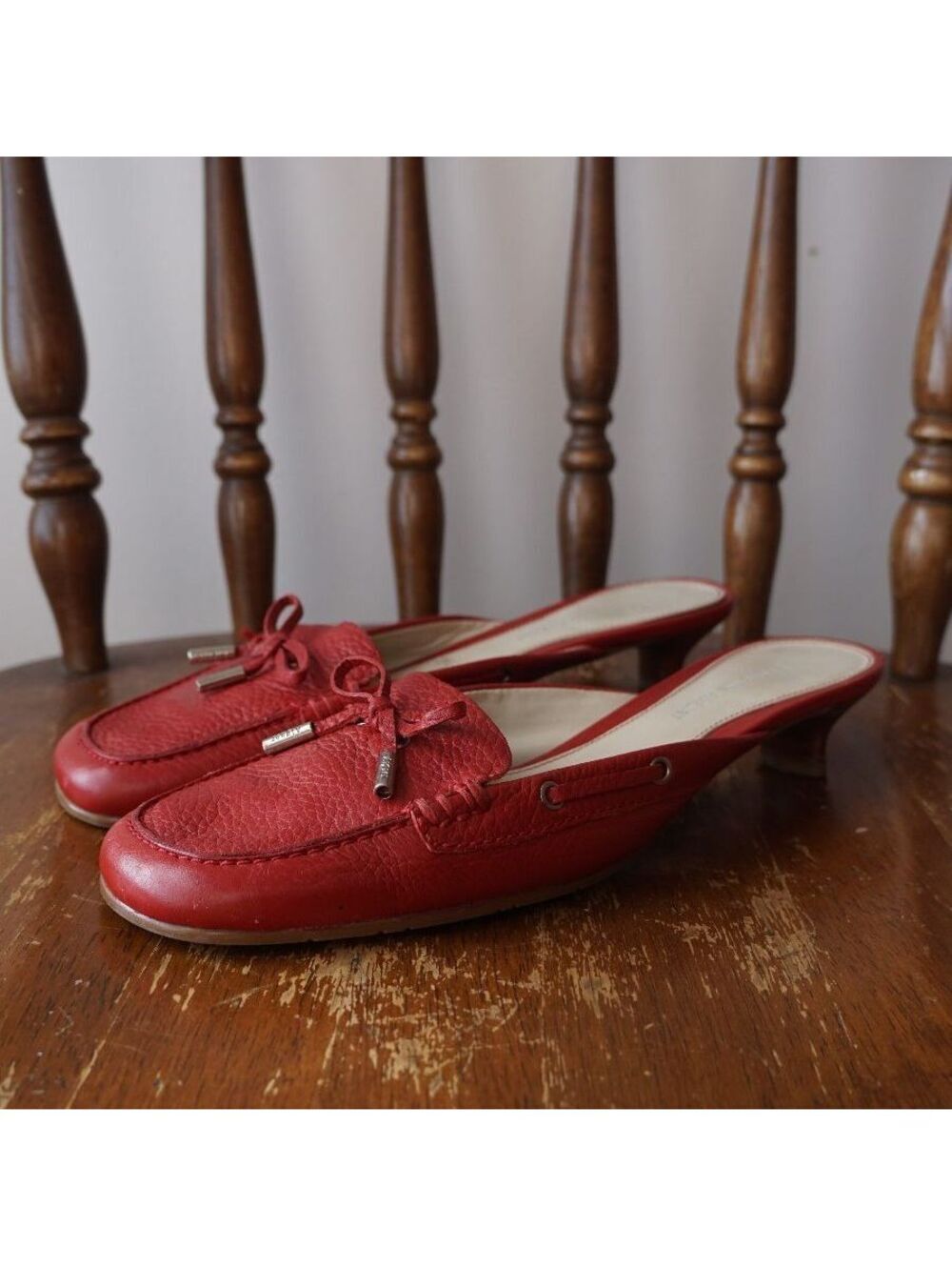 Etienne Aigner Red Leather Kitten Heel Loafer Mules Size 7M
